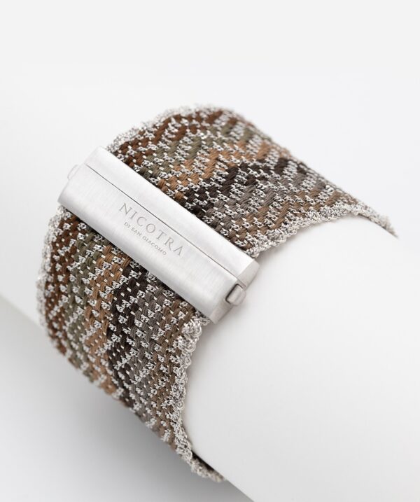Bracciale ZIG ZAG in Argento 925 rodiato. Tessuto: Seta Toni di Marrone