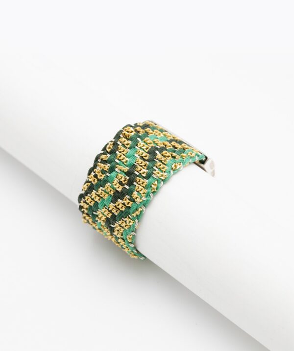 Anello ZIG ZAG in Argento 925 bagno oro Giallo 18Kt. Tessuto: Seta Toni di Verde