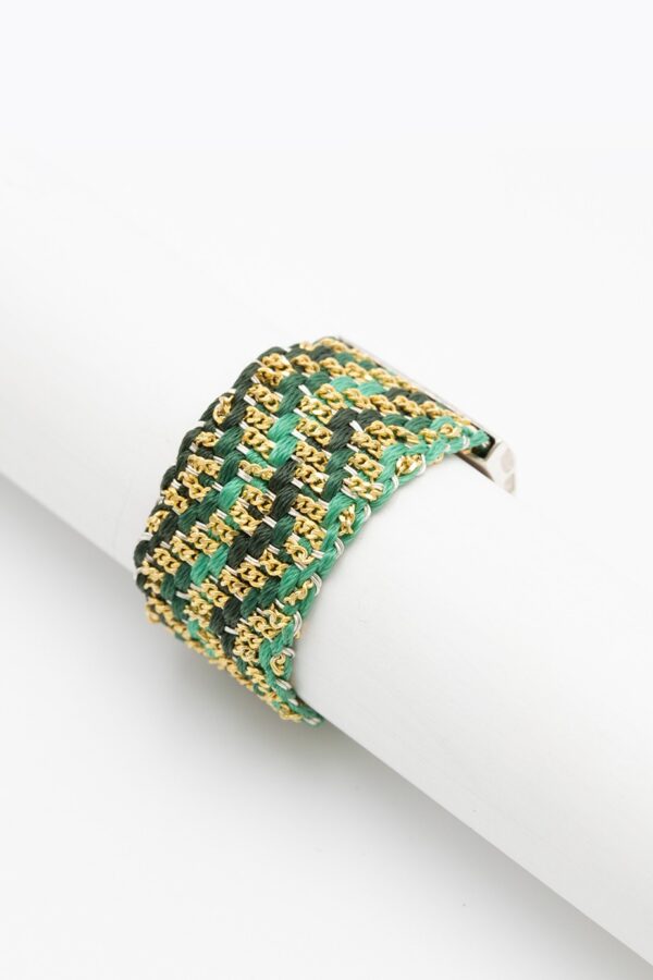 Anello ZIG ZAG in Argento 925 bagno oro Giallo 18Kt. Tessuto: Seta Toni di Verde