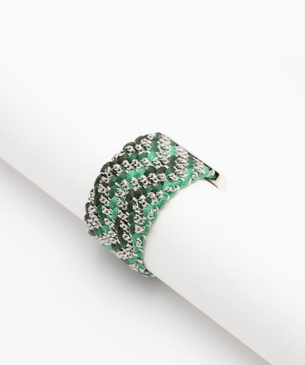 Anello ZIG ZAG in Argento 925 Rodiato. Tessuto: Seta Toni di Verde