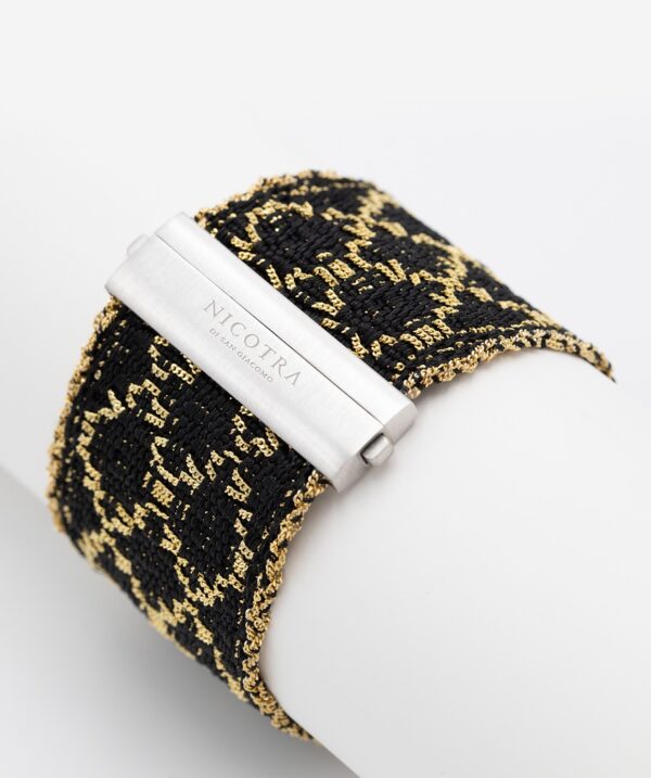Bracciale ROMBO in Argento 925 bagno oro Giallo 18Kt. Tessuto: Seta Nera