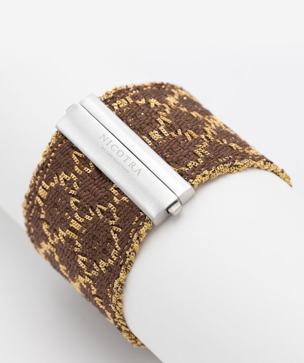 Bracciale ROMBO in Argento 925 bagno oro Giallo 18Kt. Tessuto: Seta Marrone
