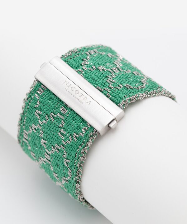 Bracciale ROMBO in Argento 925 Rodiato. Tessuto: Seta Smeraldo