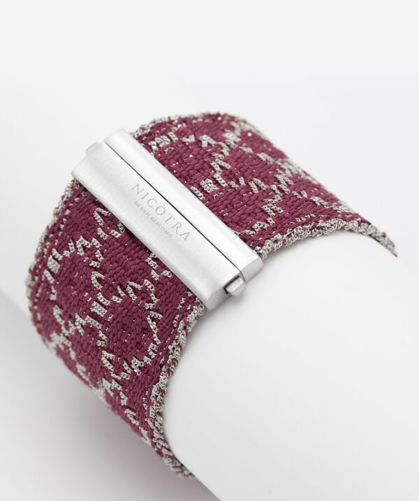 Bracciale ROMBO in Argento 925 Rodiato. Tessuto: Seta Bordeaux