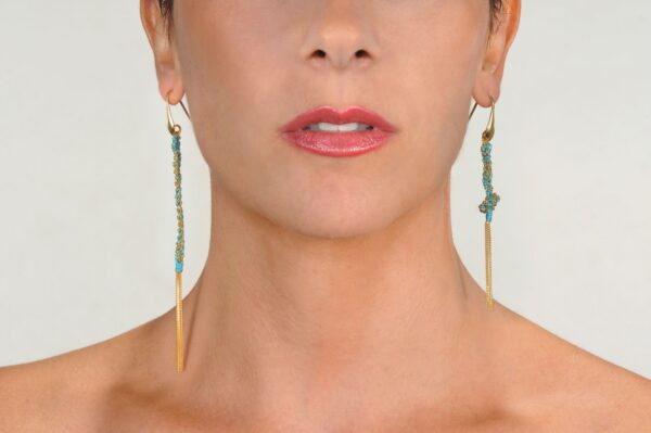 Orecchini TWIST in Argento 925 bagno oro Giallo 18Kt. Tessuto: Seta Turchese