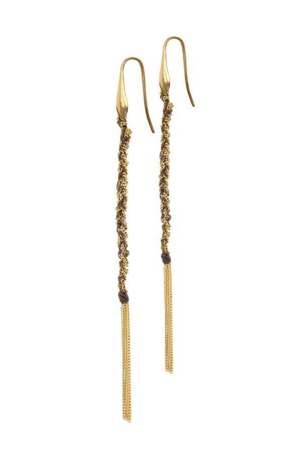 Orecchini TWIST in Argento 925 bagno oro Giallo 18Kt. Tessuto: Seta Marrone