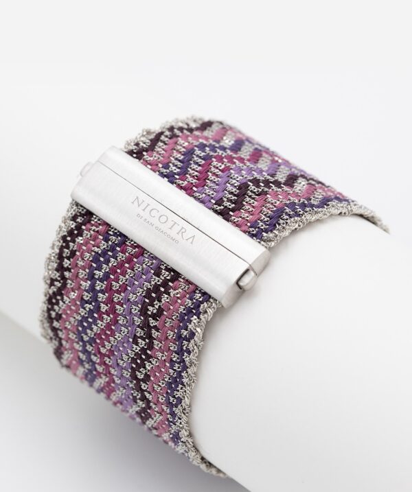 Bracciale ZIG ZAG in Argento 925 rodiato. Tessuto: Seta Toni di Viola