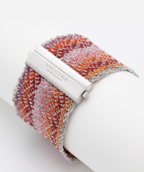 Bracciale ZIG ZAG in Argento 925 rodiato. Tessuto: Seta Toni di Rosso