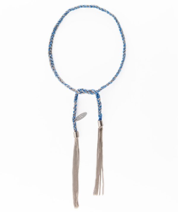 Bracciale TWIST in Argento 925 Rodiato. Tessuto: Seta Blu Cobalto